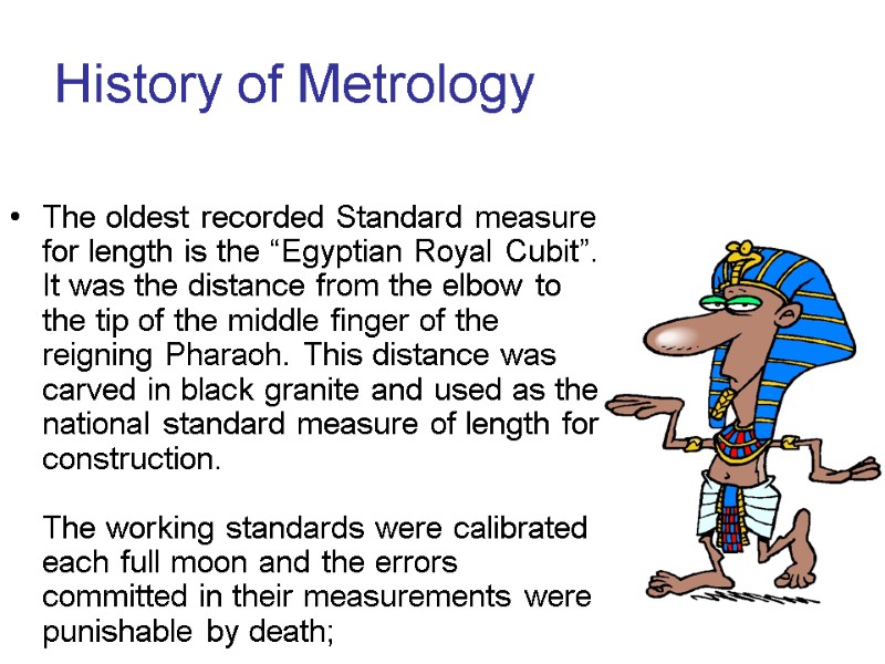 History of Metrology The oldest recorded Standard measure for length is the “Egyptian Royal